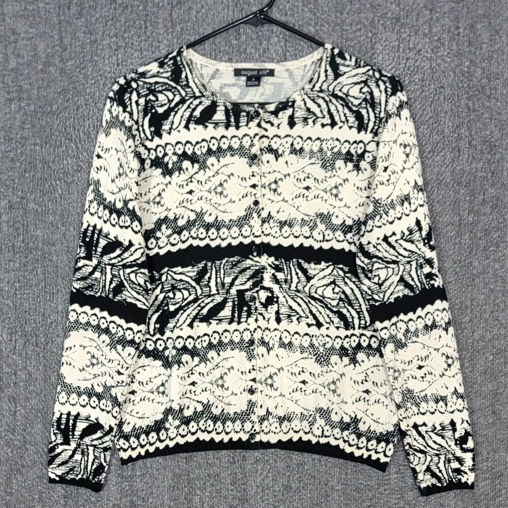 August Silk Cardigan Sweater Womens M Off-White Black Floral Geometric Button Up